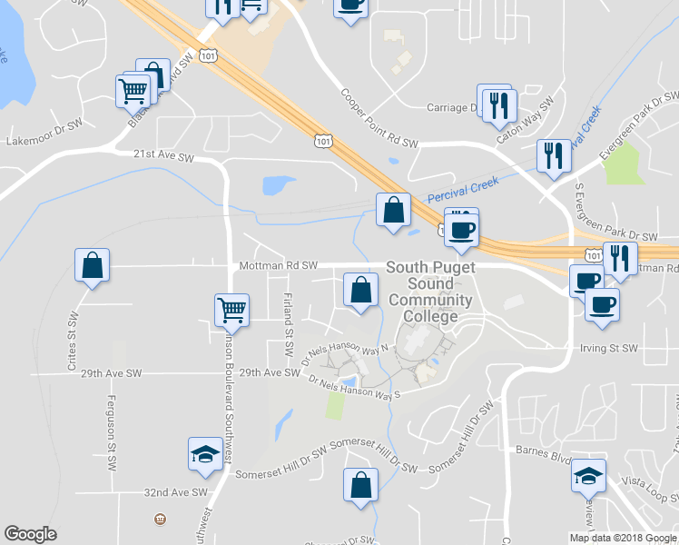 map of restaurants, bars, coffee shops, grocery stores, and more near 2504 Monterey Street Southwest in Olympia