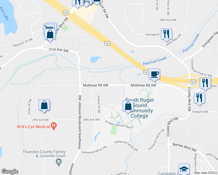 map of restaurants, bars, coffee shops, grocery stores, and more near 2616 25th Court Southwest in Olympia