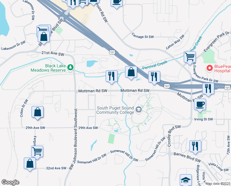 map of restaurants, bars, coffee shops, grocery stores, and more near 2504 Monterey Street Southwest in Olympia