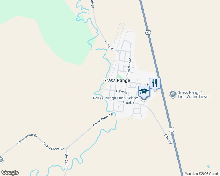 map of restaurants, bars, coffee shops, grocery stores, and more near Railroad Avenue in Grass Range