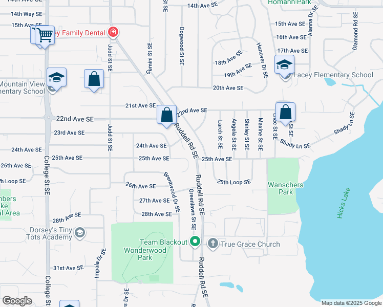 map of restaurants, bars, coffee shops, grocery stores, and more near 2504 25th Court Southeast in Olympia