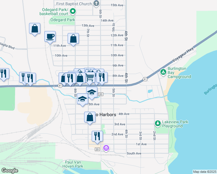 map of restaurants, bars, coffee shops, grocery stores, and more near 601 5th Street in Two Harbors