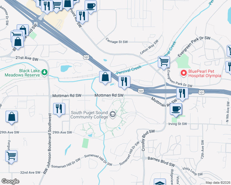 map of restaurants, bars, coffee shops, grocery stores, and more near 2250 Doctor Nels Hanson Way North in Olympia