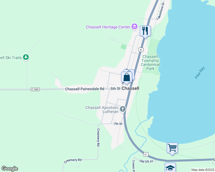 map of restaurants, bars, coffee shops, grocery stores, and more near 405 Hamar Avenue in Chassell