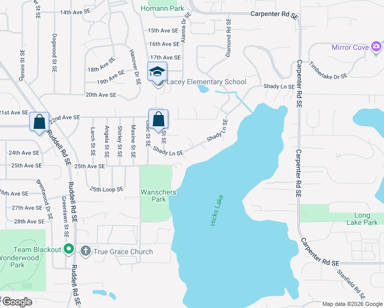 map of restaurants, bars, coffee shops, grocery stores, and more near 6206 Shady Lane Southeast in Lacey