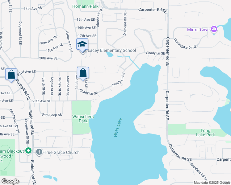 map of restaurants, bars, coffee shops, grocery stores, and more near 6209 Shady Lane Southeast in Lacey