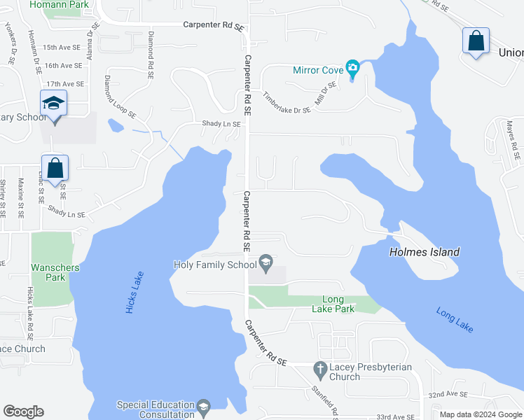 map of restaurants, bars, coffee shops, grocery stores, and more near 2344 Carpenter Road Southeast in Lacey