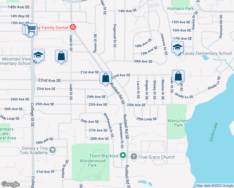 map of restaurants, bars, coffee shops, grocery stores, and more near 2305 Sycamore Street Southeast in Lacey