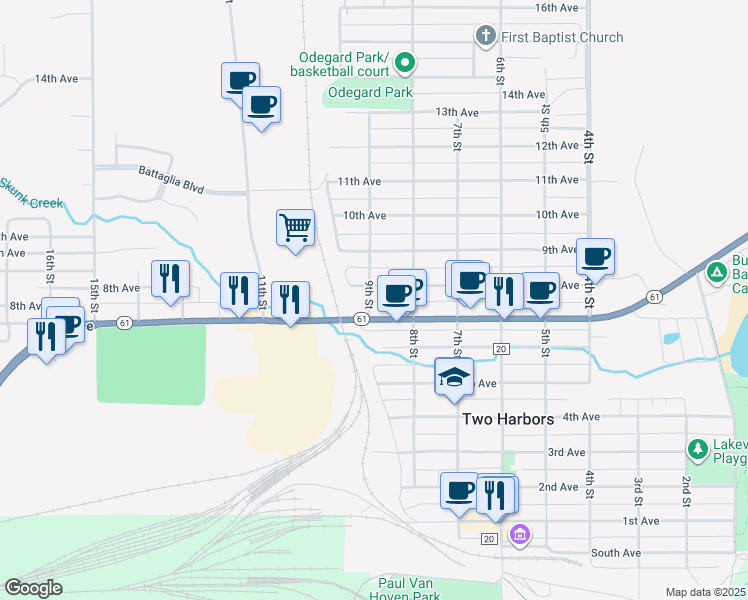 map of restaurants, bars, coffee shops, grocery stores, and more near 727 9th Street in Two Harbors