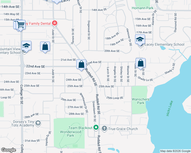 map of restaurants, bars, coffee shops, grocery stores, and more near 2305 Sycamore Street Southeast in Lacey