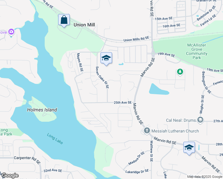 map of restaurants, bars, coffee shops, grocery stores, and more near 2100 Seven Oaks Street Southeast in Olympia