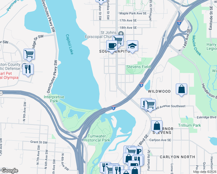 map of restaurants, bars, coffee shops, grocery stores, and more near 2514 Columbia Street Southwest in Olympia