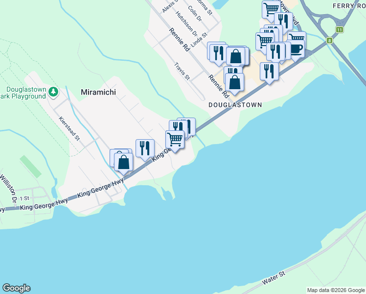 map of restaurants, bars, coffee shops, grocery stores, and more near 2368 King George Highway in Miramichi