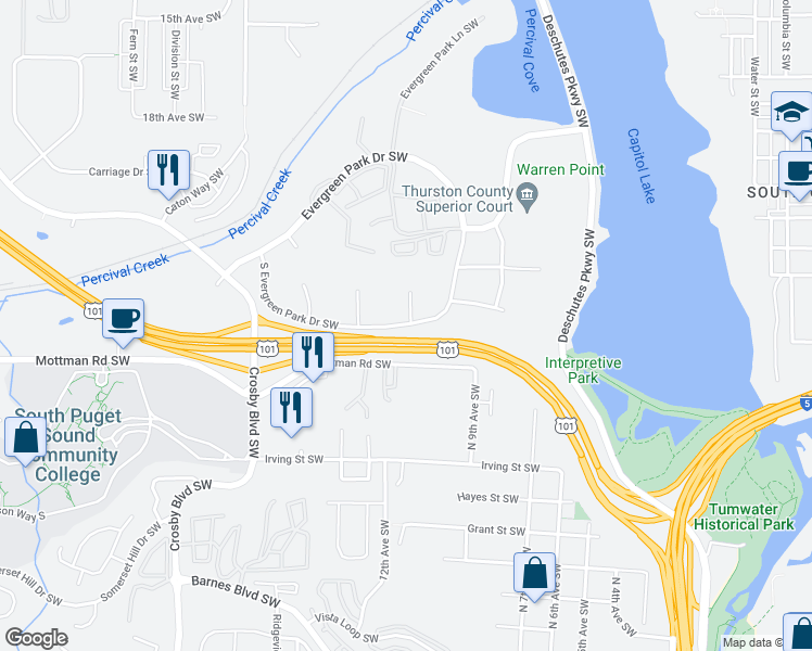 map of restaurants, bars, coffee shops, grocery stores, and more near 2425 Bristol Court Southwest in Olympia