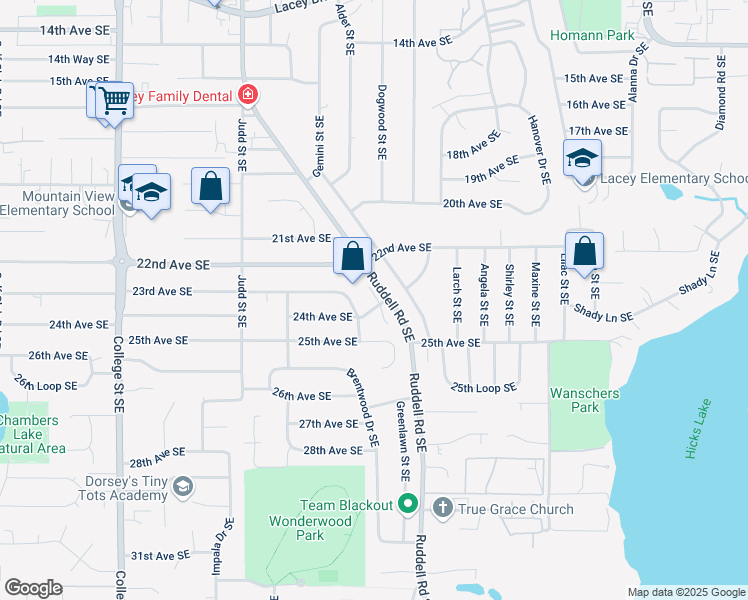 map of restaurants, bars, coffee shops, grocery stores, and more near 5315 24th Avenue Southeast in Lacey