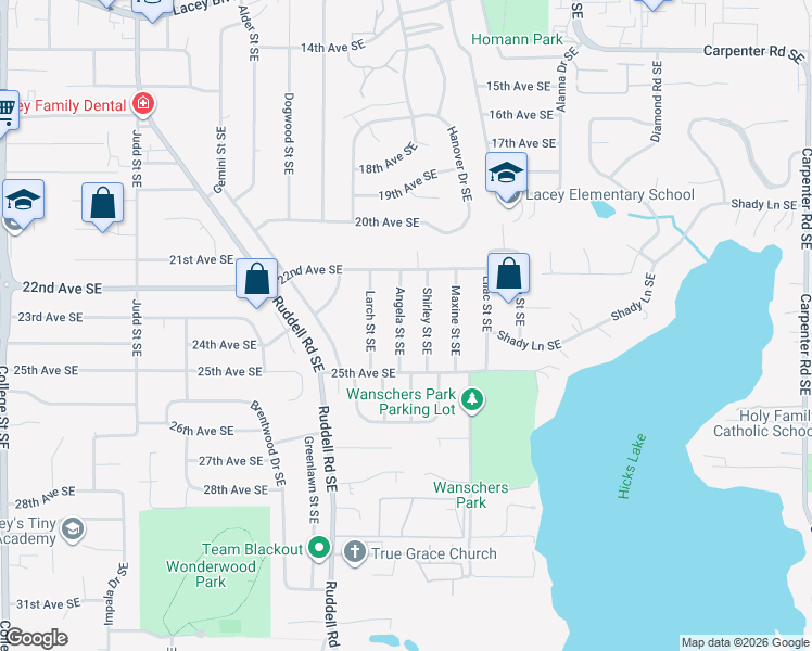 map of restaurants, bars, coffee shops, grocery stores, and more near 2309 Angela Street Southeast in Lacey