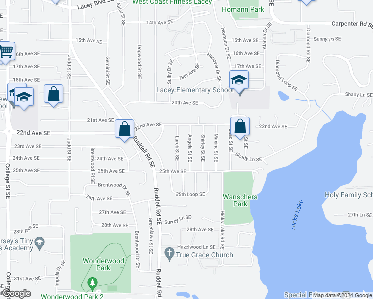 map of restaurants, bars, coffee shops, grocery stores, and more near 2309 Angela Street Southeast in Lacey