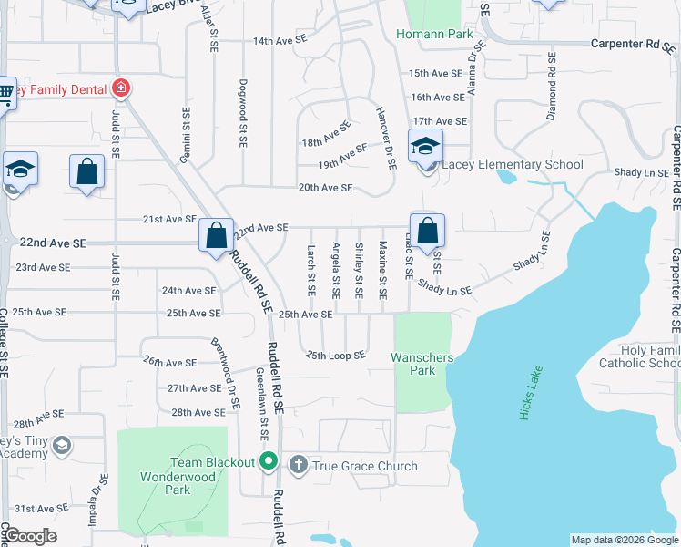 map of restaurants, bars, coffee shops, grocery stores, and more near 2309 Angela Street Southeast in Lacey