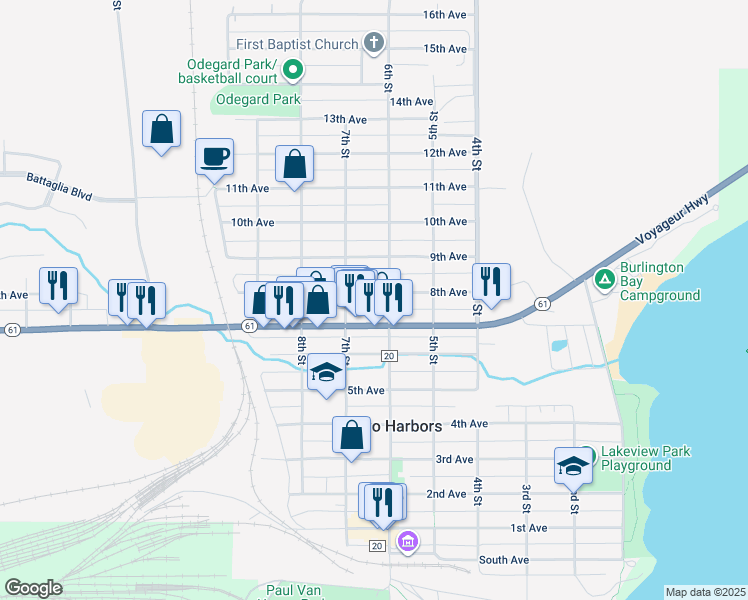 map of restaurants, bars, coffee shops, grocery stores, and more near 532 8th Avenue in Two Harbors