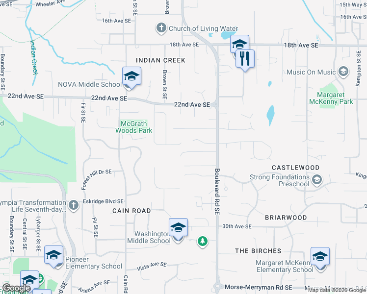map of restaurants, bars, coffee shops, grocery stores, and more near 2313 Nut Tree Court Southeast in Olympia