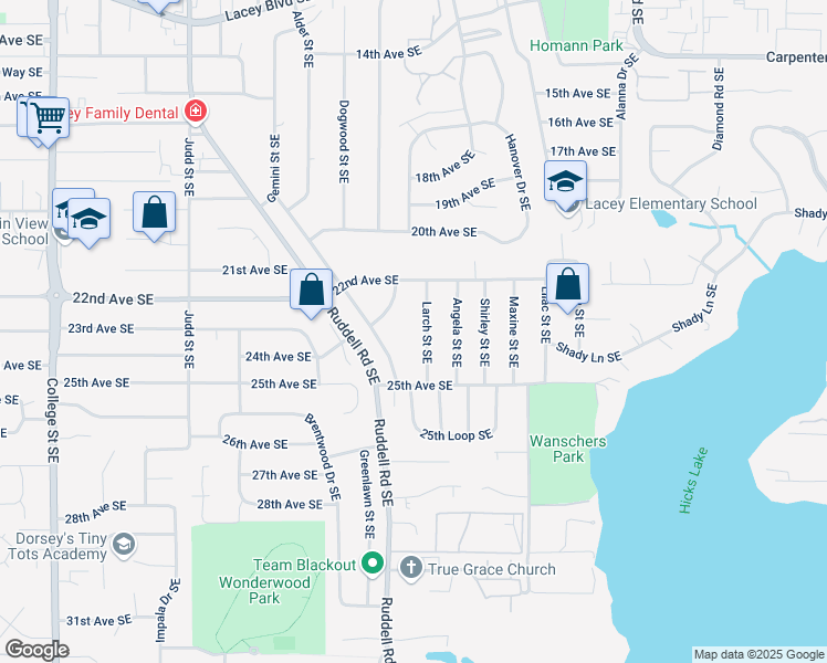 map of restaurants, bars, coffee shops, grocery stores, and more near 2307 Larch Street Southeast in Lacey