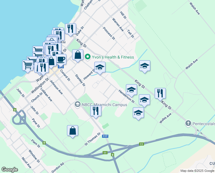 map of restaurants, bars, coffee shops, grocery stores, and more near 10 Marven Street in Miramichi