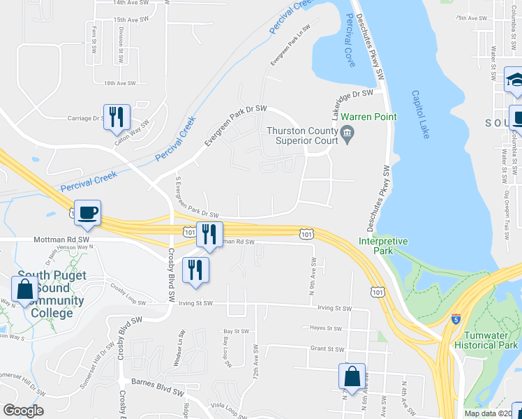 map of restaurants, bars, coffee shops, grocery stores, and more near 2425 Bristol Court Southwest in Olympia