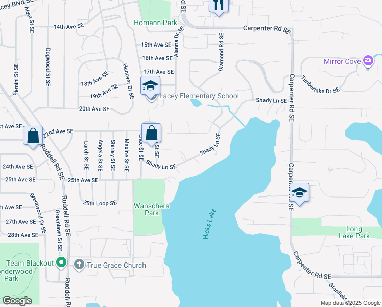 map of restaurants, bars, coffee shops, grocery stores, and more near 6206 Shady Lane Southeast in Lacey