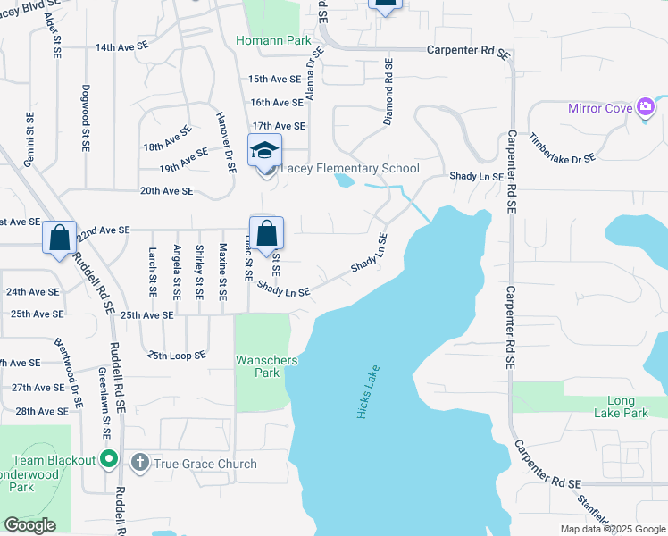 map of restaurants, bars, coffee shops, grocery stores, and more near 6206 Shady Lane Southeast in Lacey