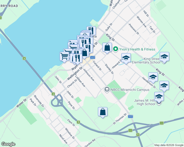 map of restaurants, bars, coffee shops, grocery stores, and more near 19 Saint Michael Street in Miramichi