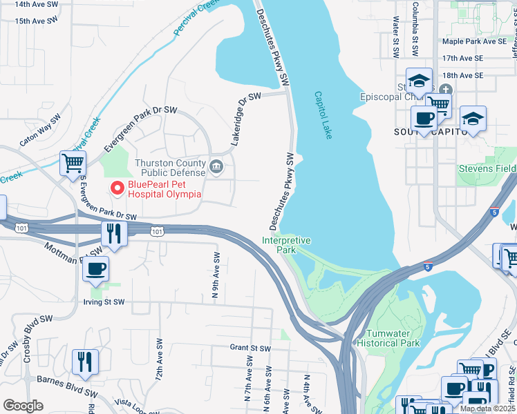 map of restaurants, bars, coffee shops, grocery stores, and more near 2300 Evergreen Park Drive Southwest in Olympia