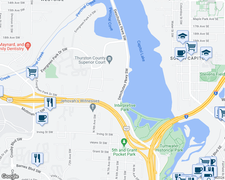 map of restaurants, bars, coffee shops, grocery stores, and more near 2300 Evergreen Park Drive Southwest in Olympia