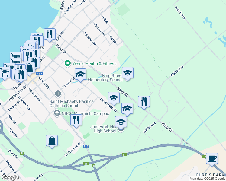 map of restaurants, bars, coffee shops, grocery stores, and more near 81 King Street in Miramichi