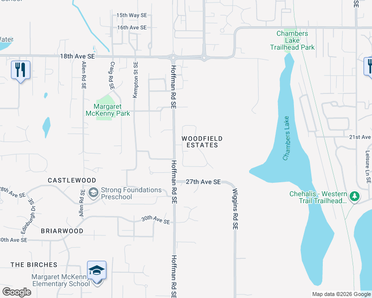 map of restaurants, bars, coffee shops, grocery stores, and more near 2532 Woodfield Loop Southeast in Olympia