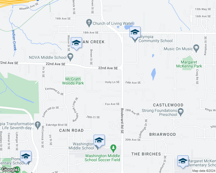 map of restaurants, bars, coffee shops, grocery stores, and more near 2422 Leach Court Southeast in Olympia
