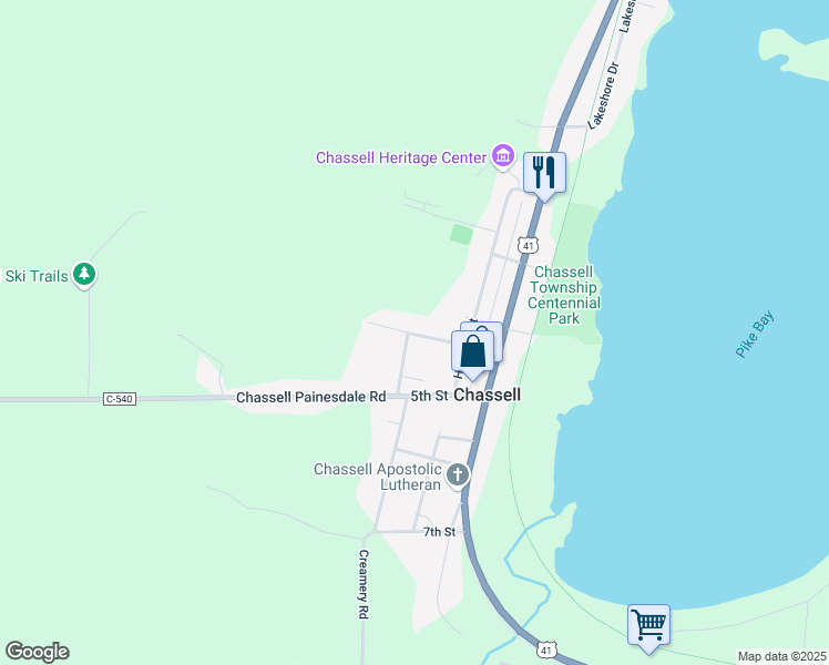 map of restaurants, bars, coffee shops, grocery stores, and more near 405-421 Hamar St in Houghton County