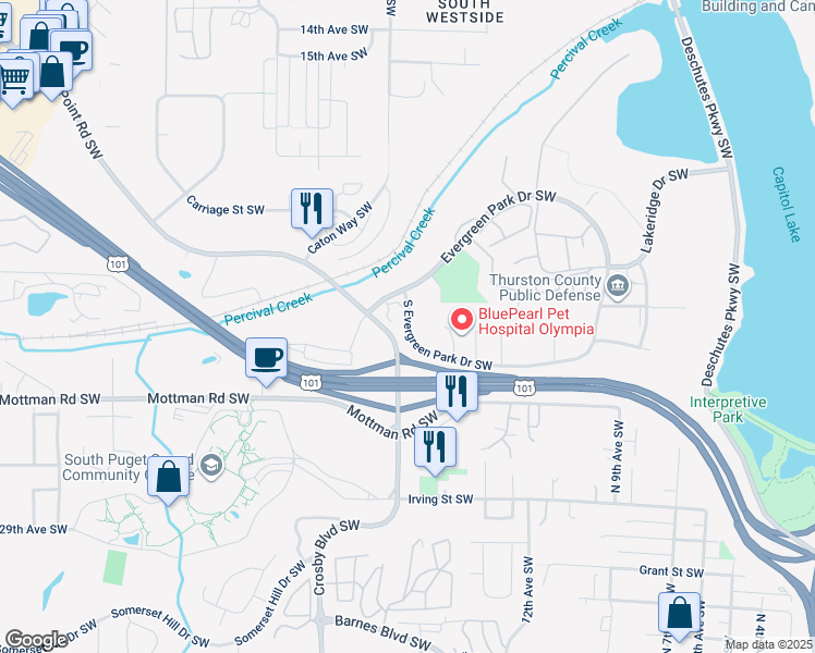 map of restaurants, bars, coffee shops, grocery stores, and more near 1475 Evergreen Park Dr SW in Olympia