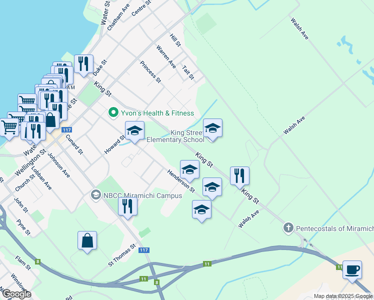 map of restaurants, bars, coffee shops, grocery stores, and more near 81 King Street in Miramichi