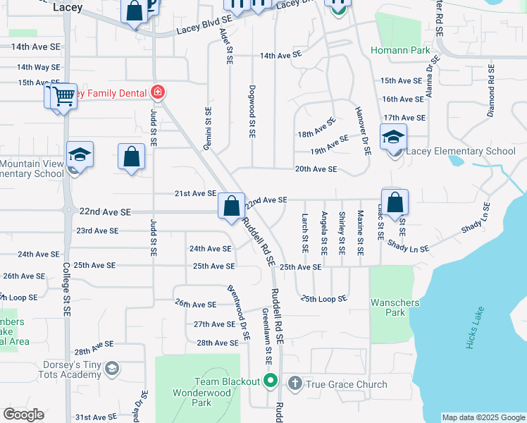 map of restaurants, bars, coffee shops, grocery stores, and more near 2206 Sycamore Street Southeast in Lacey