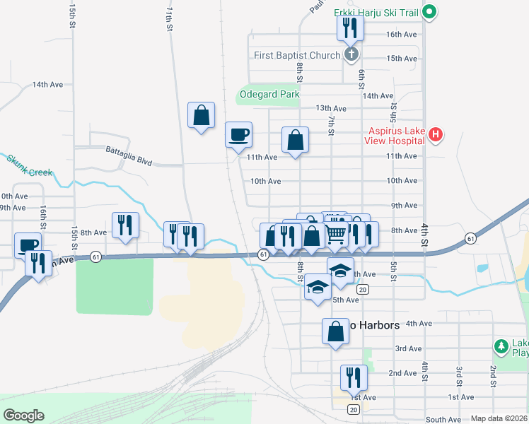 map of restaurants, bars, coffee shops, grocery stores, and more near 911 9th Avenue in Two Harbors