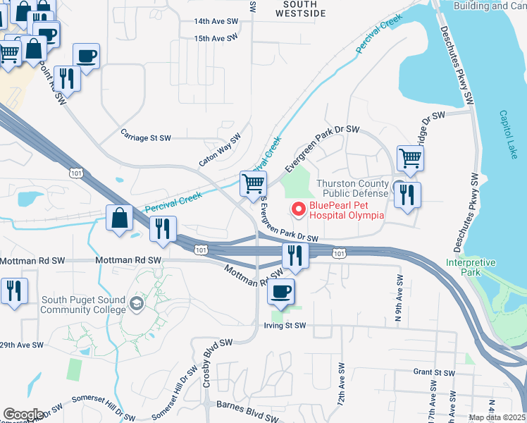 map of restaurants, bars, coffee shops, grocery stores, and more near 1475 Evergreen Park Dr SW in Olympia
