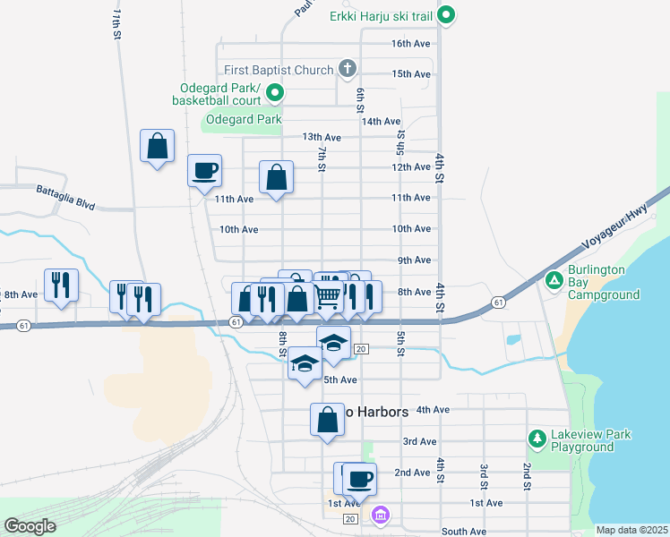 map of restaurants, bars, coffee shops, grocery stores, and more near 627 9th Avenue in Two Harbors