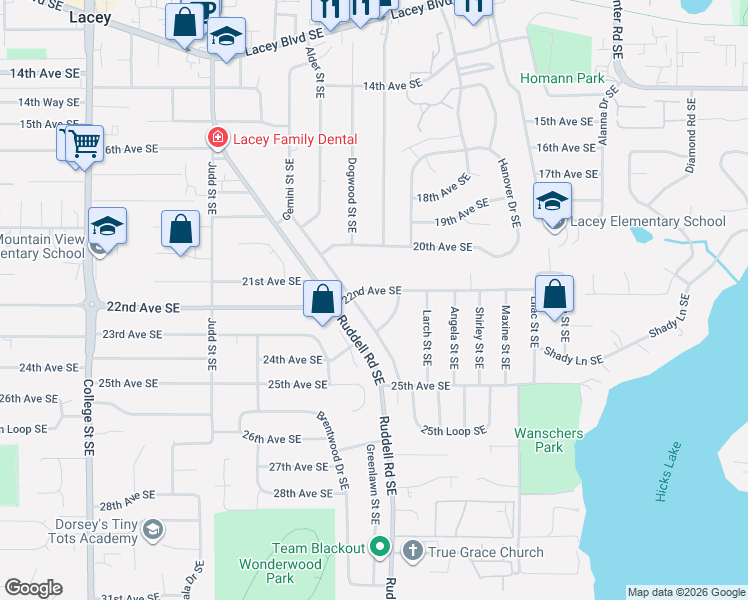 map of restaurants, bars, coffee shops, grocery stores, and more near 5412 22nd Avenue Southeast in Lacey