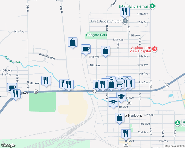 map of restaurants, bars, coffee shops, grocery stores, and more near 911 9th Avenue in Two Harbors