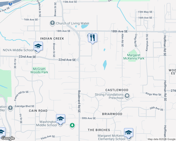 map of restaurants, bars, coffee shops, grocery stores, and more near 2318 Boulevard Court Southeast in Olympia