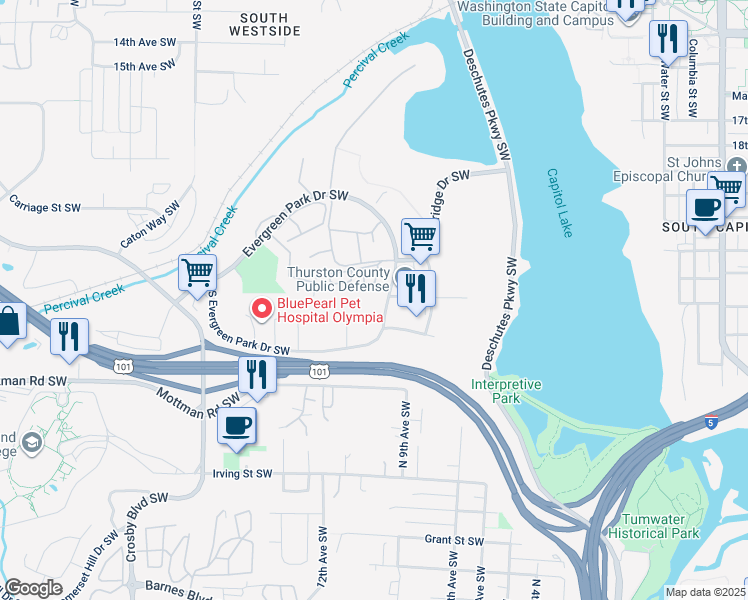 map of restaurants, bars, coffee shops, grocery stores, and more near 2405 Evergreen Park Drive Southwest in Olympia