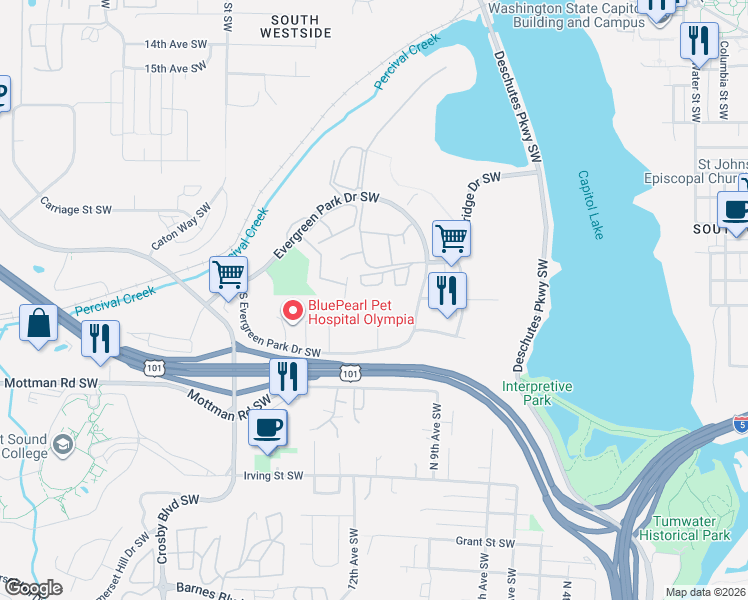 map of restaurants, bars, coffee shops, grocery stores, and more near 2401 Bristol Court Southwest in Olympia