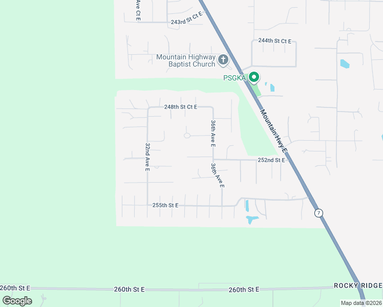 map of restaurants, bars, coffee shops, grocery stores, and more near 3419 252nd Street East in Spanaway