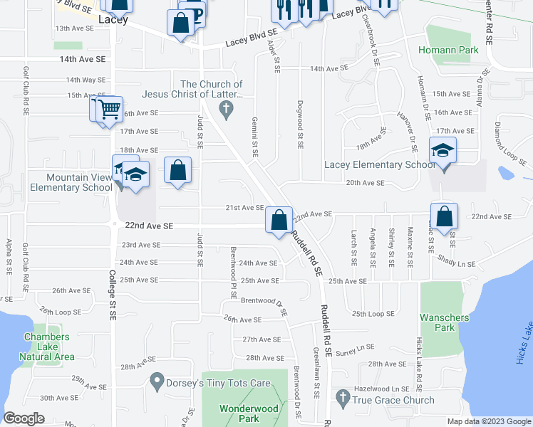 map of restaurants, bars, coffee shops, grocery stores, and more near 5113 21st Avenue Southeast in Lacey