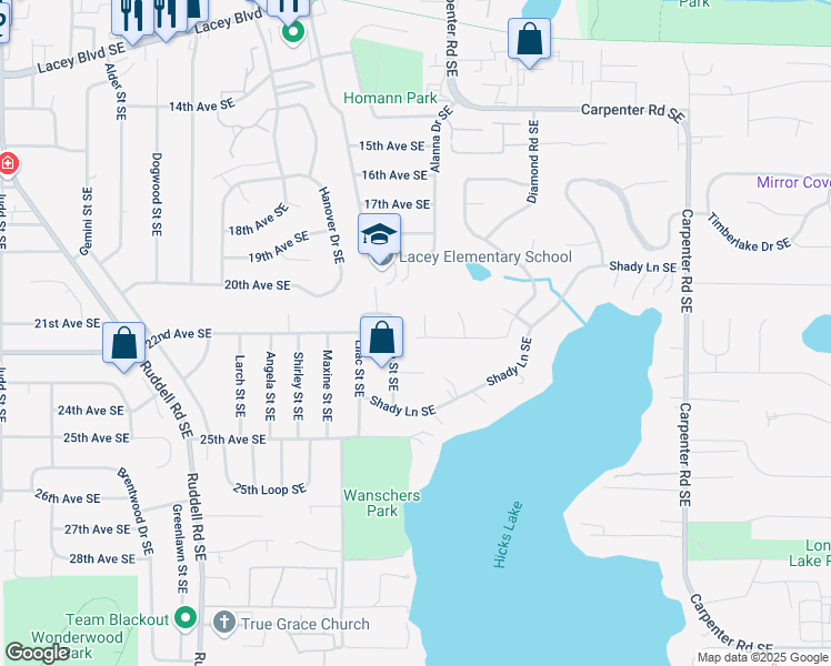 map of restaurants, bars, coffee shops, grocery stores, and more near 2131 Agate Court Southeast in Lacey